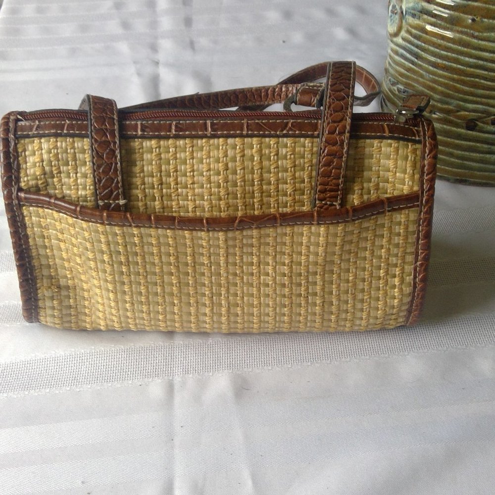 Satchel Purse, Brown Croc Leather & Raffia - Picture 3 of 5